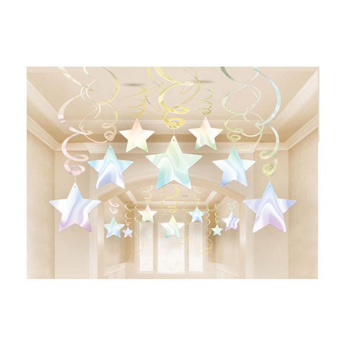 Festone Pendante Stelle Iride Pz.30 Kit Decorativo Con 14 Spirali E 16 Spirali Con Stelle Da Cm.12.7 main product photo