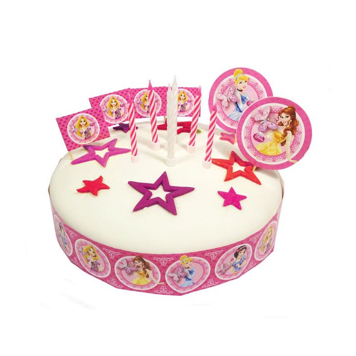 Kit Decorativo Per Torta Principesse 2 Cuori Grandi 4 Bandierine 1 Contorno Torta 12 Candeline main product photo