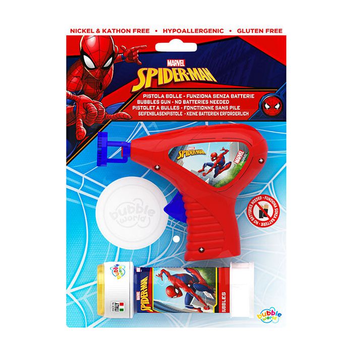 Pistola sparabolle Spiderman Marvel, in blister con flacone da 60ml, pensata per piccoli eroi in azione. main product photo