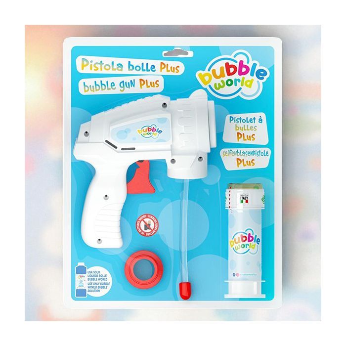 Pistola bolle modello Plus con getto potenziato, pensata per un divertimento continuo in giardino o in spiaggia. main product photo