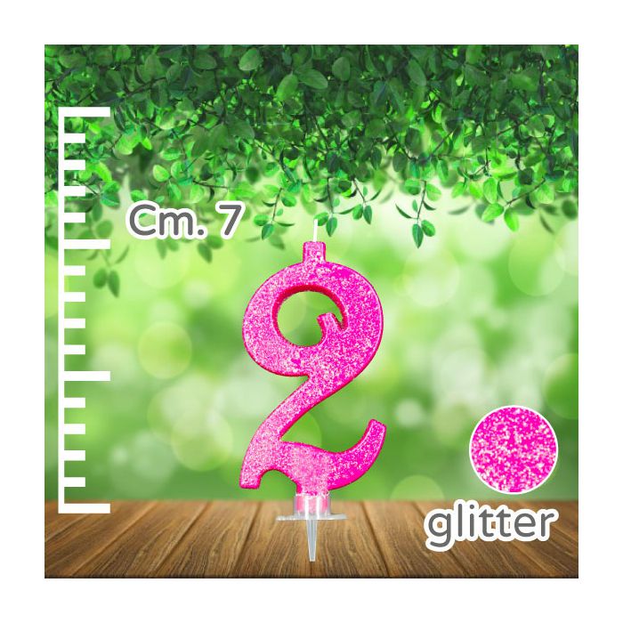 Candelina Numero 2 Fuxia Glitter Pz.1 Candela Cm.7 - Supporto Cm.1.5 main product photo