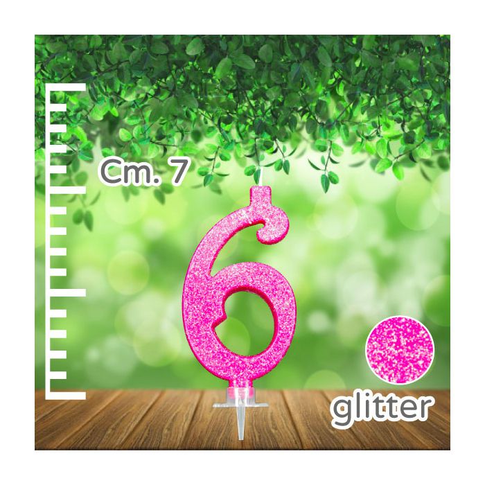 Candelina Numero 6 Fuxia Glitter Pz.1 Candela Cm.7 - Supporto Cm.1.5 main product photo