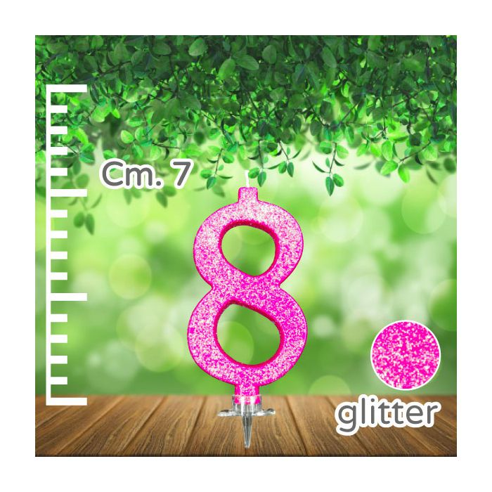 Candelina Numero 8 Fuxia Glitter Pz.1 Candela Cm.7 - Supporto Cm.1.5 main product photo