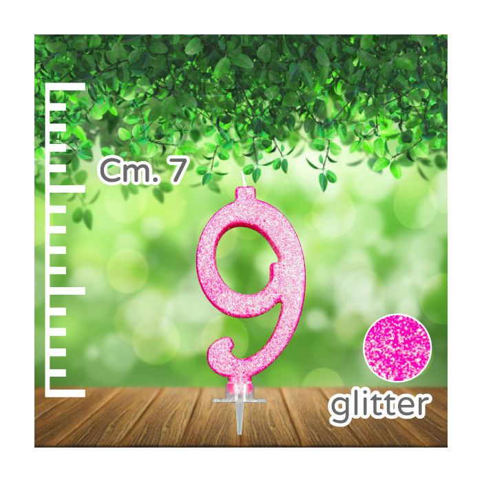 Candelina Numero 9 Fuxia Glitter Pz.1 Candela Cm.7 - Supporto Cm.1.5 main product photo
