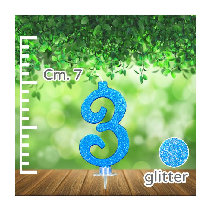Candelina Numero 3 Azzurra Glitter Pz.1 Candela Cm.7 - Supporto Cm.1.5 main product photo