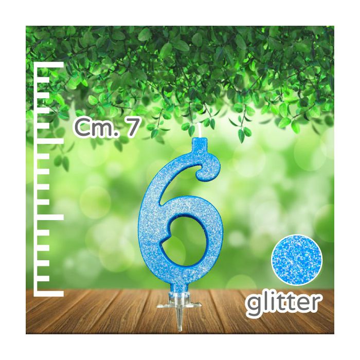 Candelina Numero 6 Azzurra Glitter Pz.1 Candela Cm.7 - Supporto Cm.1.5 main product photo