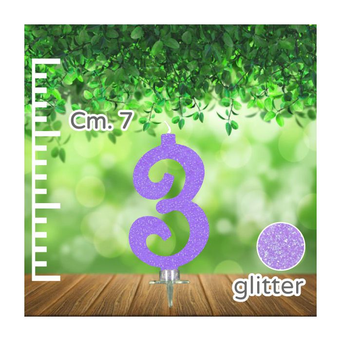 Candelina Numero 3 Lilla Glitter Pz.1 Candela Cm.7 - Supporto Cm.1.5 main product photo