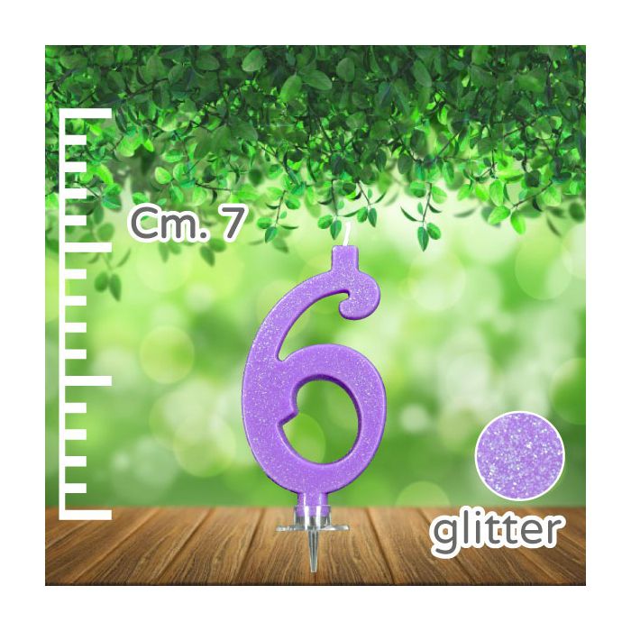 Candelina Numero 6 Lilla Glitter Pz.1 Candela Cm.7 - Supporto Cm.1.5 main product photo