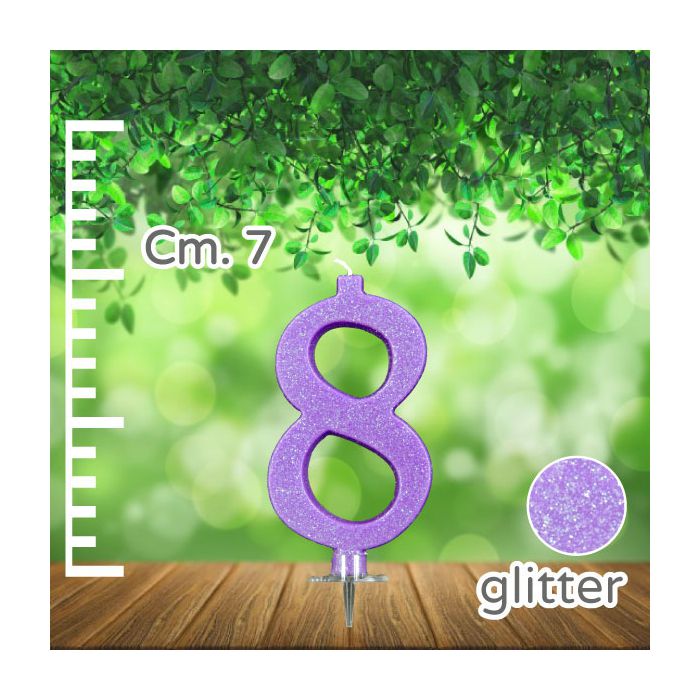 Candelina Numero 8 Lilla Glitter Pz.1 Candela Cm.7 - Supporto Cm.1.5 main product photo