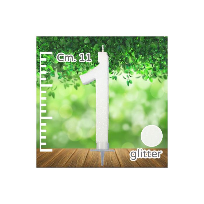 Candelina Numero 1 Bianca Glitter Pz.1 Candela Cm.11 - Supporto Cm.2.5 main product photo